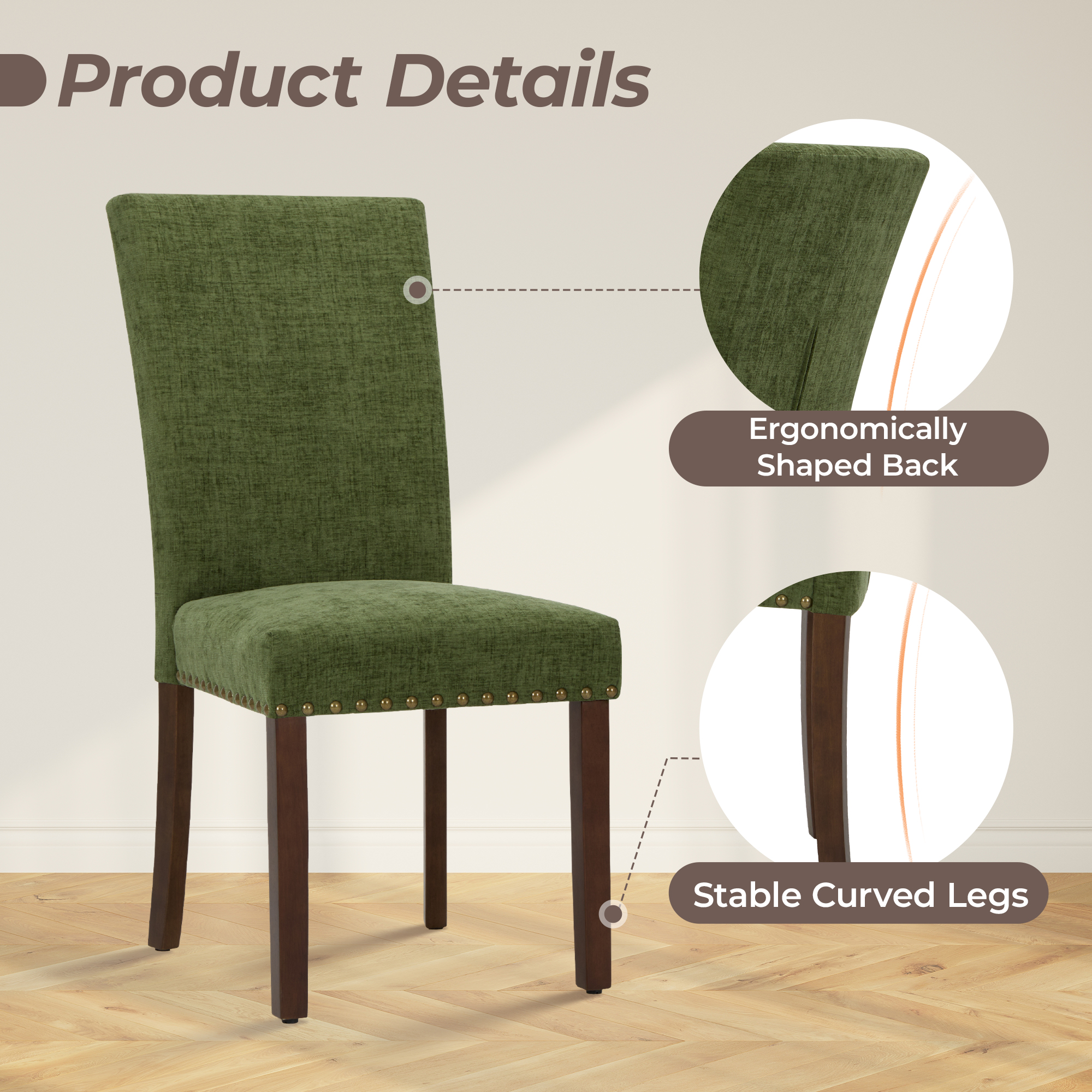Mid-Century Fabric Dining Chairs Set of 2 with Nailhead Detail and Wooden Legs, Upholstered Side Chairs for Kitchen and Dining Room – Green
