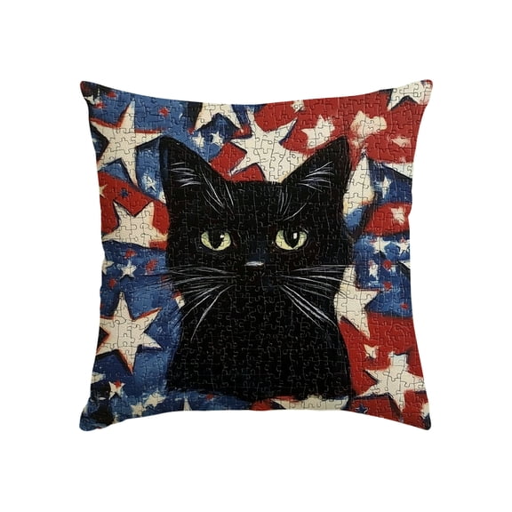 GooTPa 4th of July Patriotic Stars Black Cat Throw Pillow Cover, Independence Day Memorial Day America Flag Decor Cushion Case for Sofa Couch - 18x18in