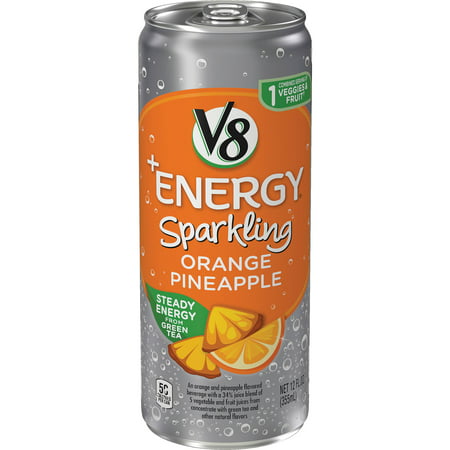 V8 +Energy Sparkling Healthy Energy Drink, Natural Energy from Tea, Orange Pineapple, 12 Ounce Can (Pack of