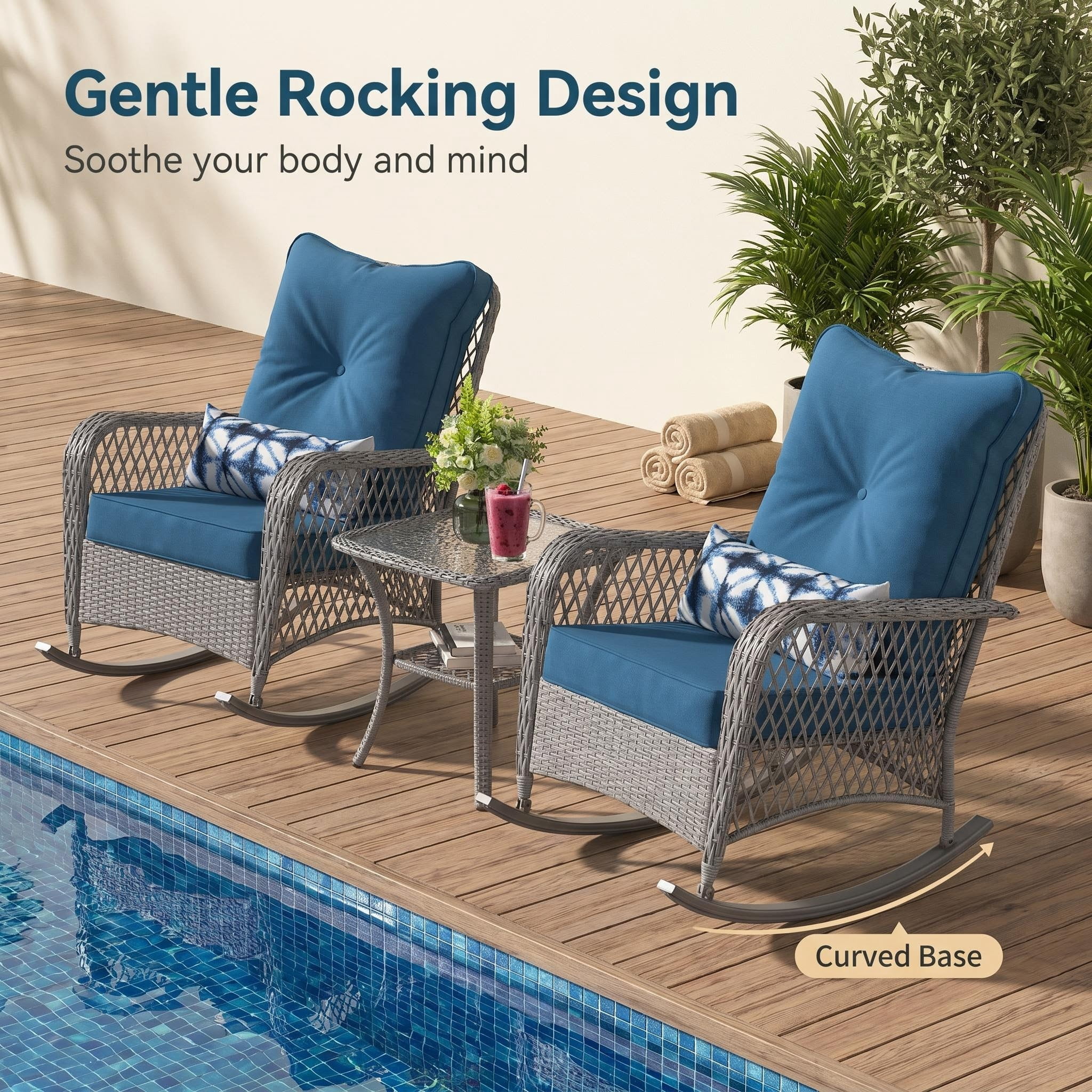 UDPATIO 3 Piece Patio Set Rocking, Rattan Outdoor Rocking Patio Bistro Set with 2 Rockers and 1 Side Table with 4‘’ Thick Cushions for Backyard, Porch, Balcony, Poolside(Blue)