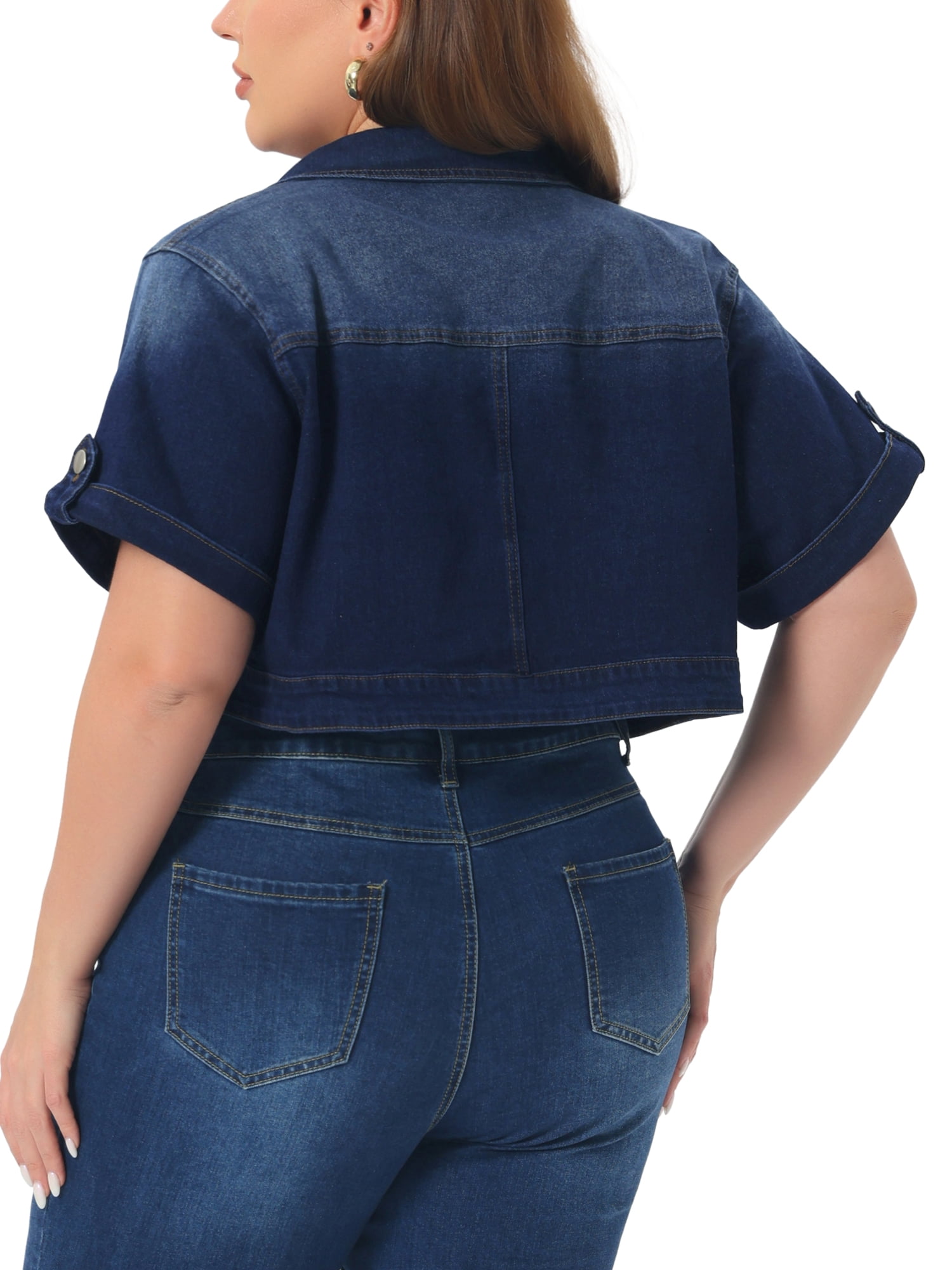 DARING DIVA Women's Plus Size Short Sleeve Button Cropped Jean Jacket 3X Black Blue