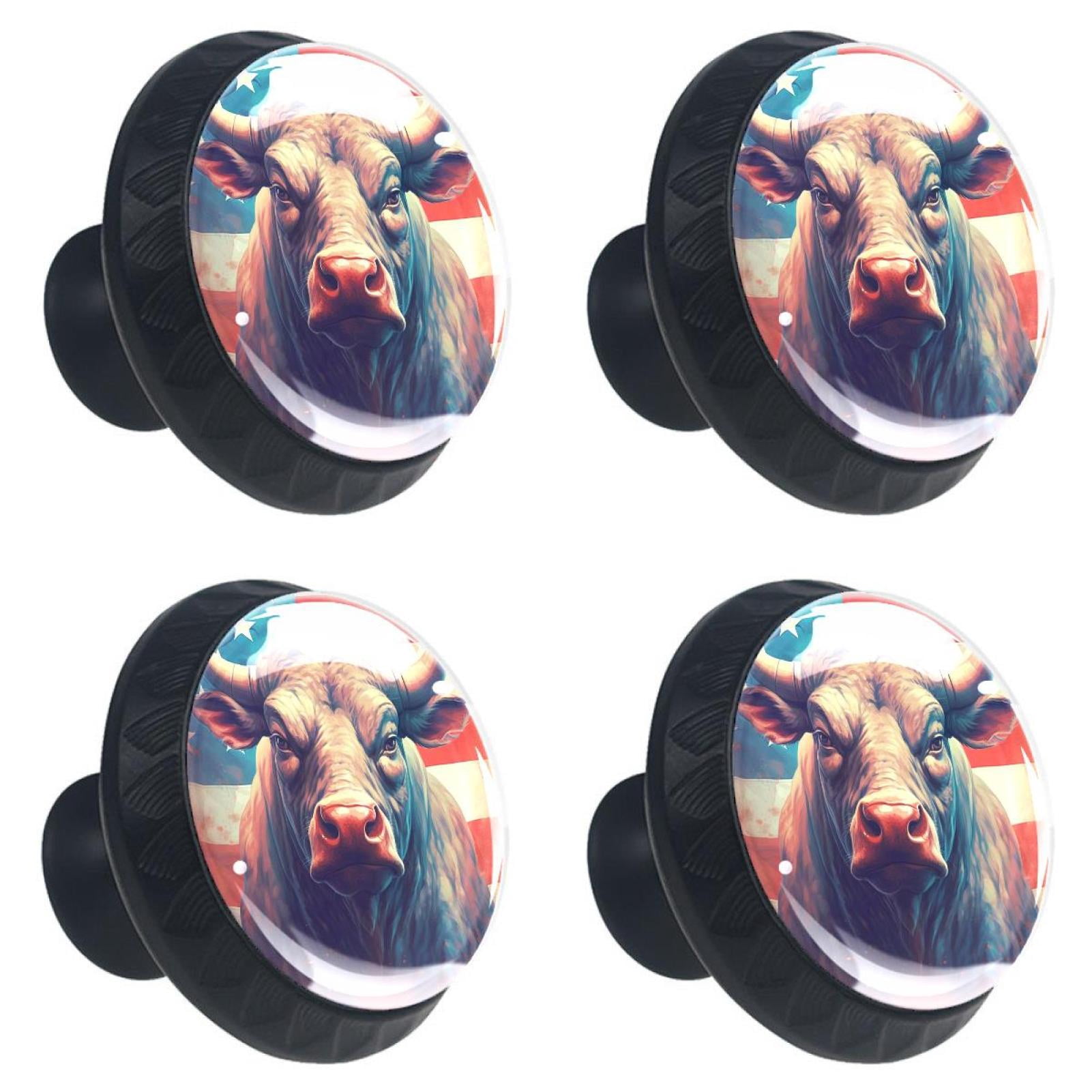 4 Pcs Cow American Flag Knobs for Kitchen Cabinet Cupboard Dresser Bookcase Drawer Pulls Handles Round Home Decor