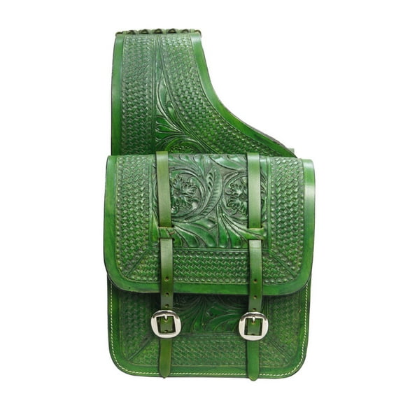 Leather Saddle Bag Brown Floral Carved Two Strap-2