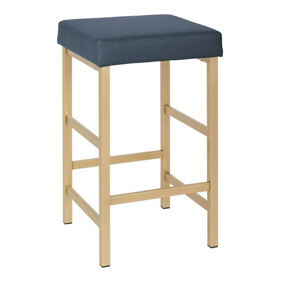 Pemberly Row Contemporary 26" Gold Backless Stool in Blue Faux Leather