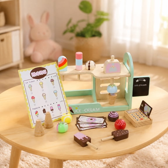 Natural Wooden Kids Ice Cream Shop Pretend Play Set,Toddler Sweet Treats Counter Playset with Ice Cream Cones Popsicles,Montessori Educational Toy,Birthday Gift for Boys Girls Ages 3 4 5 6 Years Old