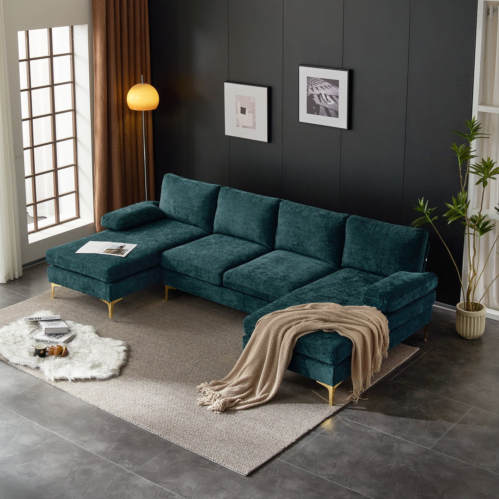 Ktaxon Sectional Sofa Set, 110" U-Shaped Chenille Couch, 4 Seat Lounge Sleeper with Double Chaise for Living Room Blue-Green