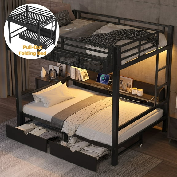 Bellemave Bunk Bed with storage and LED Lights, Full Over Full Metal Bunk Bed with Pull-Out Folding Bed, Heavy Duty Bunk Bed Frame USB Ports and Shelves-Black