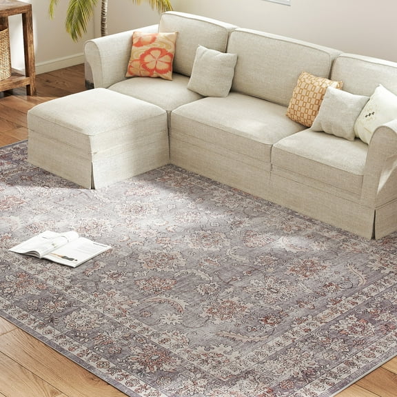 HOMCOM Area Rug 8x10, Washable Flower Print Floor Carpet, Mixed-Brown