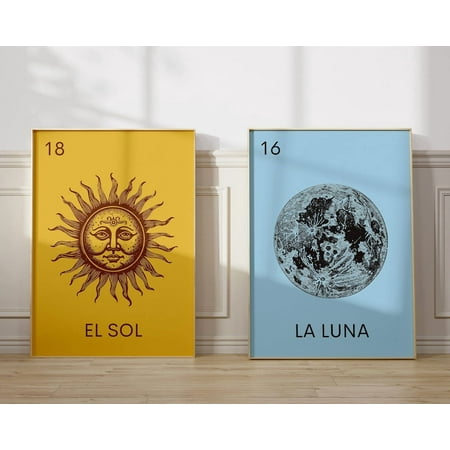 Luvia Mexican Loteria Prints Mexican Art Vintageun Poster Moon Mexico Mexican Decor Celestial Art Set Of 2, Modern Wall Decor Set 2 Prints 16x24 UNFRAMED
