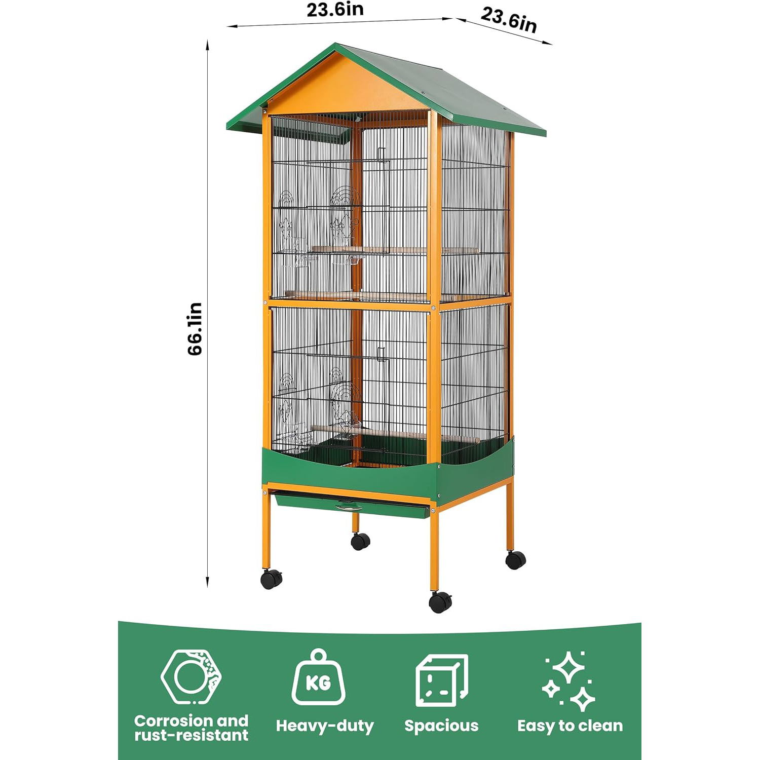 Shininglove 66" Extra Large Bird Cage w/Waterproof Roof & Lockable Wheels - Easy Clean Detachable Tray for Macaw, Parakeet, Conure Indoor Outdoor