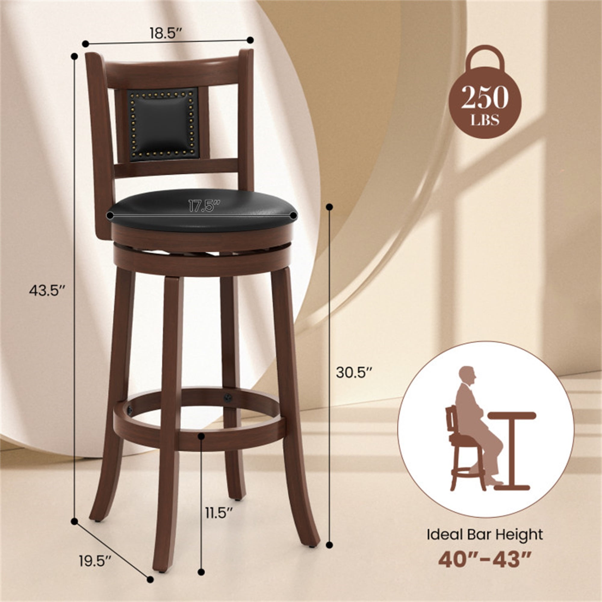 Demi Bonn 30.5" Set of 2 Upholstered Bar Stools with Curved Backrest and Footrest, Modern Kitchen Dining Chair, Brown