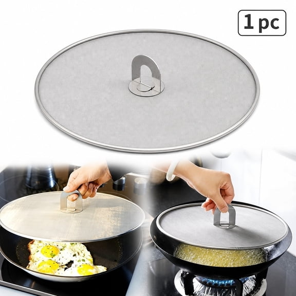 1 Pack 25cm 304 Stainless Steel Splatter Screen with Handle, Round Mesh Oil Splash Guard for Frying Pan, Kitchen & RV Cooking