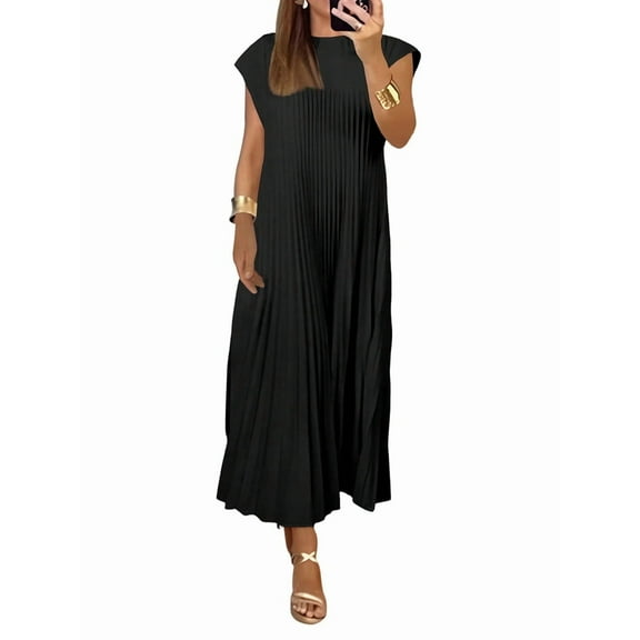 Women'S Pleated Church Maxi Dresses Summer Casual Short Sleeve Crew Neck Flowy Loose Long Sundresses Black L