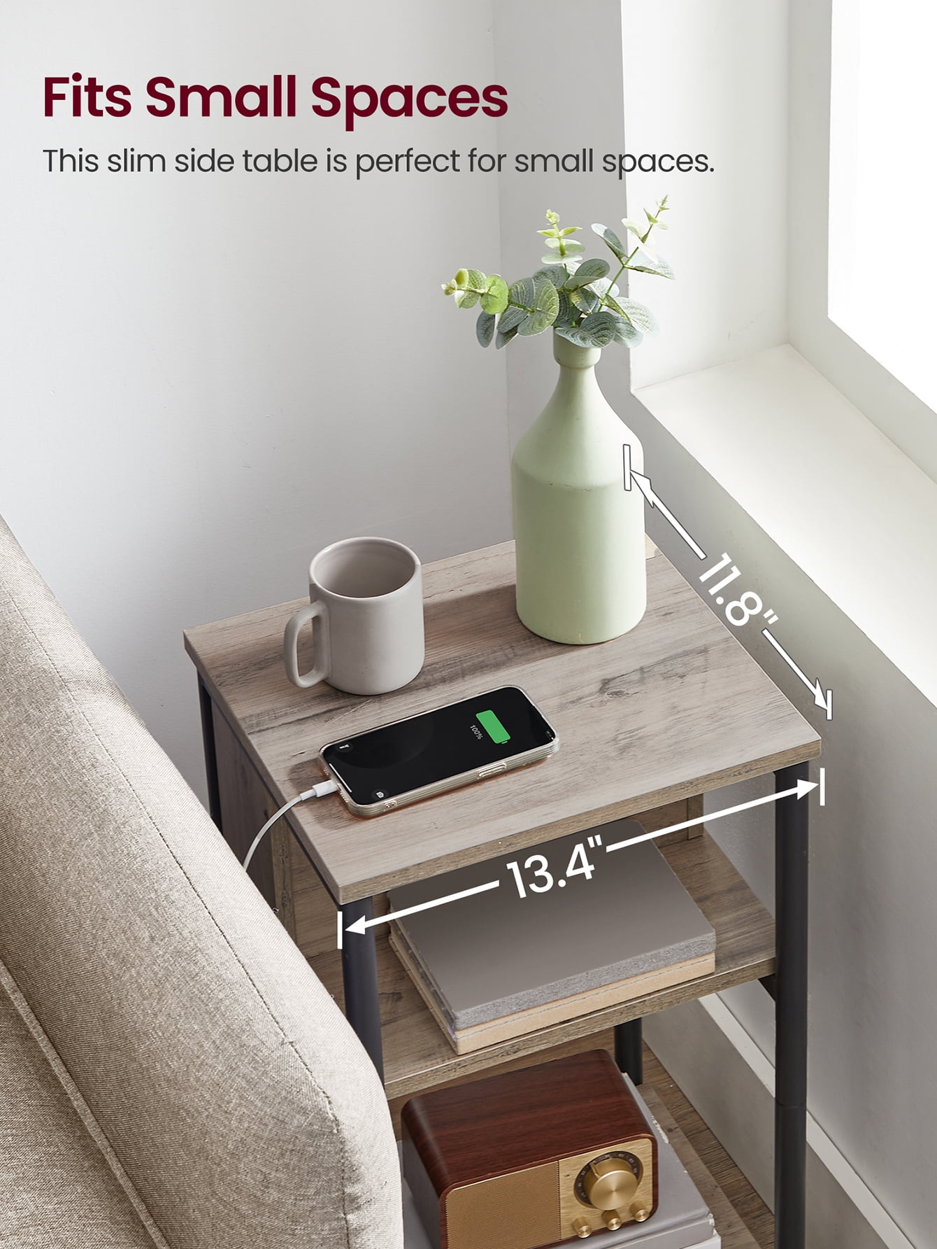 End Side Table with Charging Station 3-Tier End Table with USB Ports and Outlets Nightstand for Living Room Bedroom Greige and Black