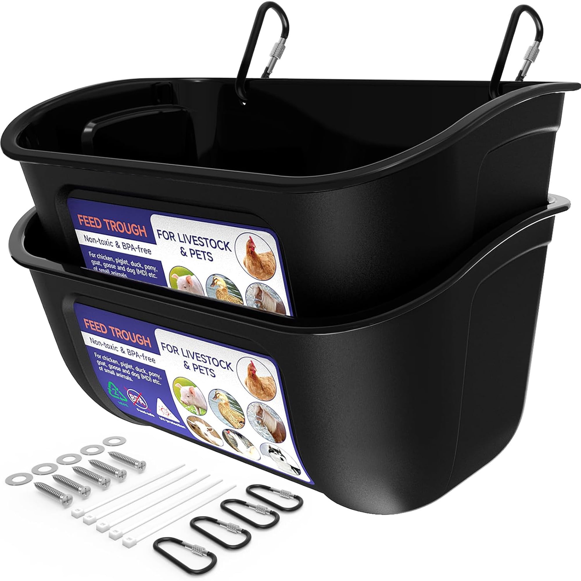 Large Feed Trough, Hanging or Screw-in Fence Feeder with Clips, 2 Pack 9 Quart Goat Feeder Supplies, Dog Horse Hog Pig Livestock Poultry Plastic Feeder Trough Bucket for Large Animal, Black