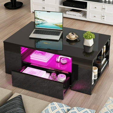 ModFusion Modern High Gloss LED Coffee Table 2 Drawer Storage & Open Shelves For Living Room, Black