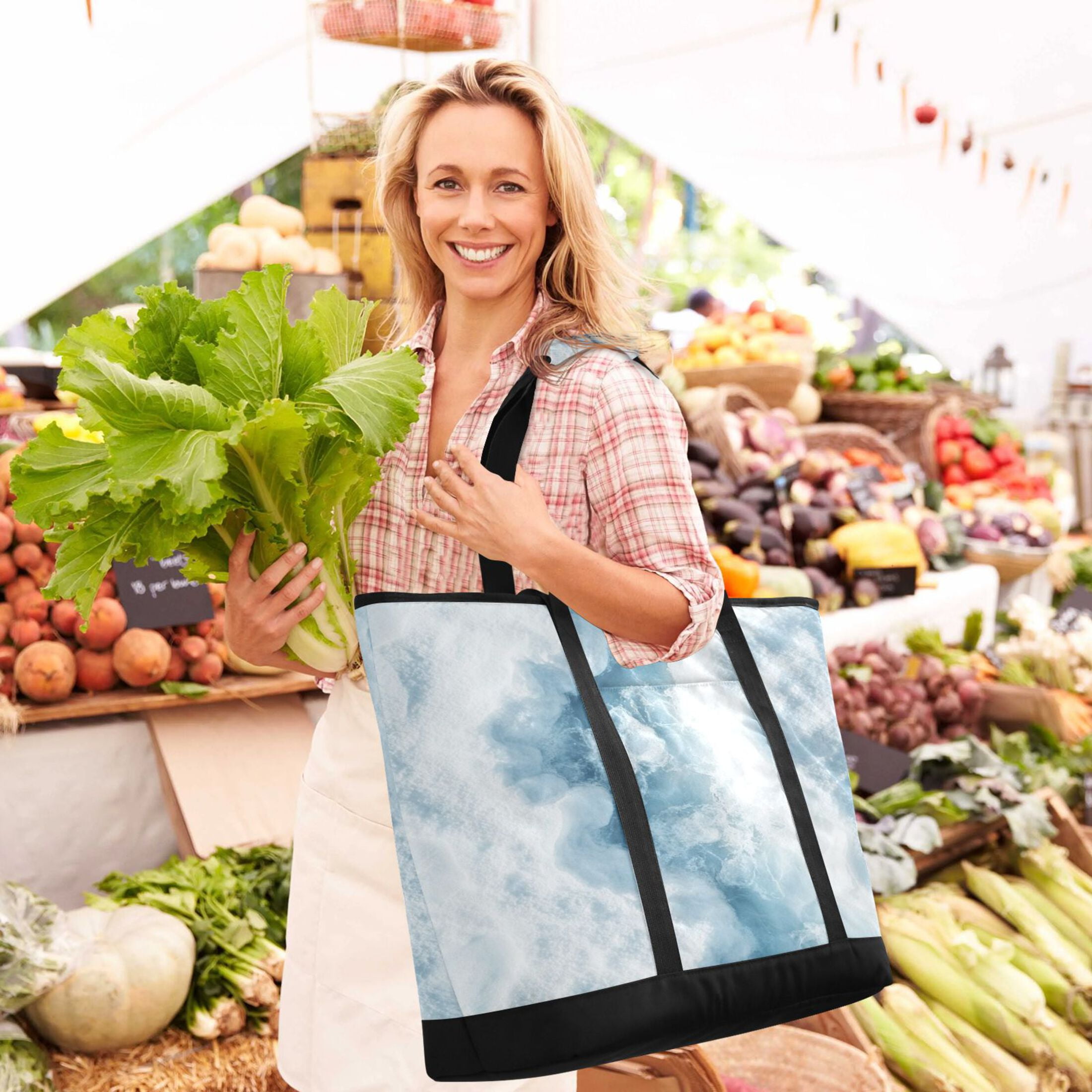 Large Hand-held Ice Pack Picnic Bag Insulation and Refrigeration Suitable for Shopping Picnics and Camping White Ocean Pattern