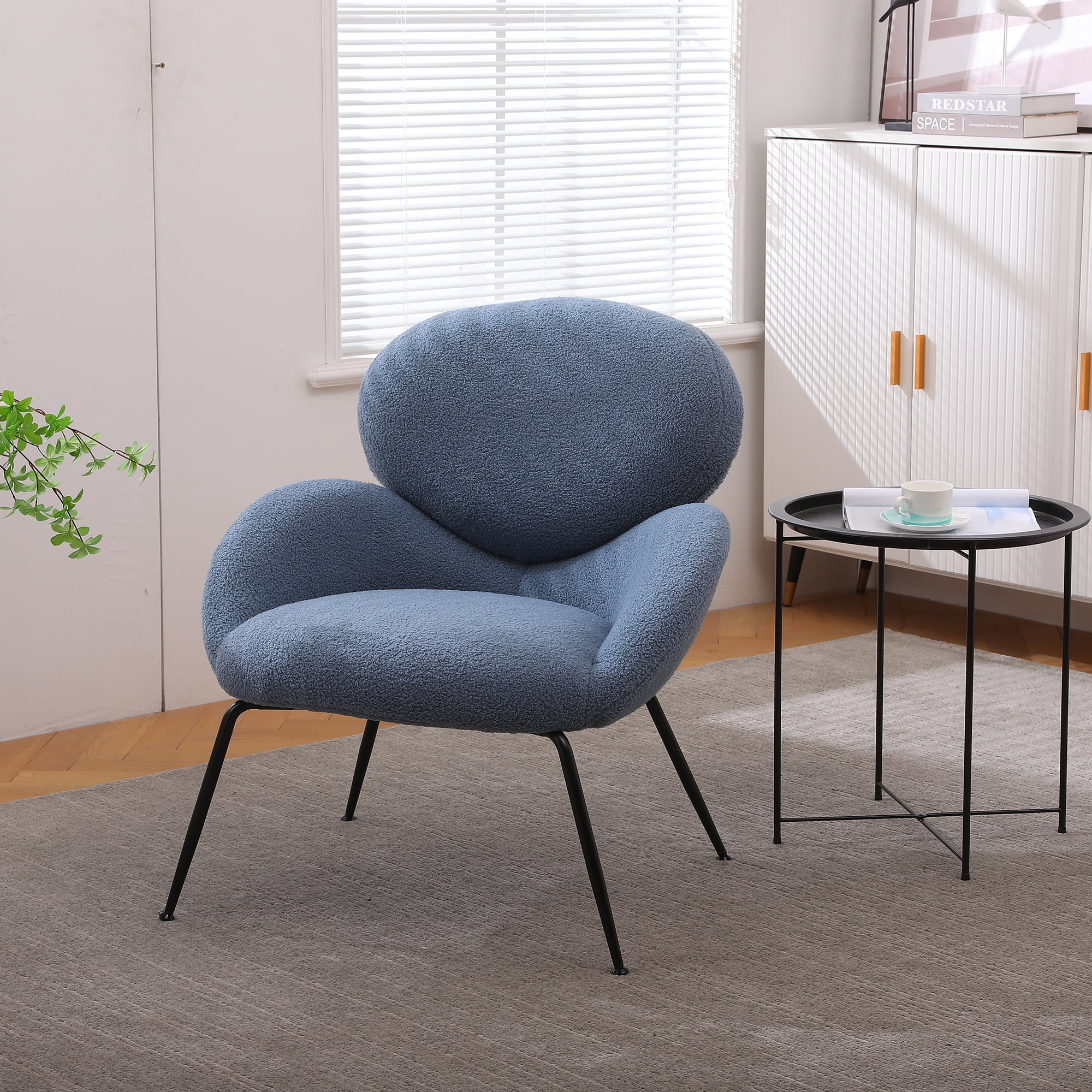 Kadyn Modern Sherpa Armchair with Black Metal Legs, Comfy and Soft Chairs for Bedroom, Blue