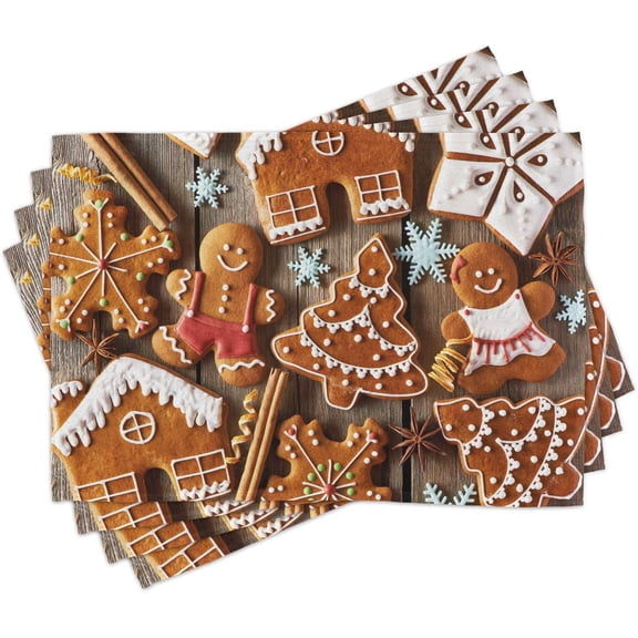 Gingerbread Man Place Mats Set of 4, Tasty Looking Traditional Cookies Little Snowflakes Cinnamon, Washable Fabric Placemats for Dining Table, Standard Size, Brown White