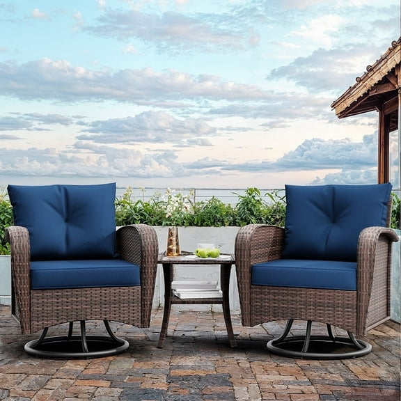 Meetleisure 3-Piece Outdoor Bistro Sets, Patio Wickier Chairs with Side Table and Thick Cushions,Dark Blue