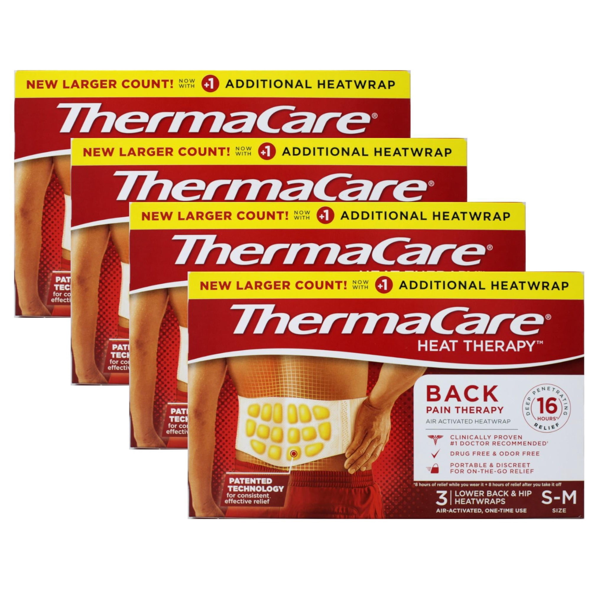 ThermaCare Back Pain Therapy Lower Back & Hip Small/Medium Pain Relief Heat Wraps, 3 Count - 4 Pack