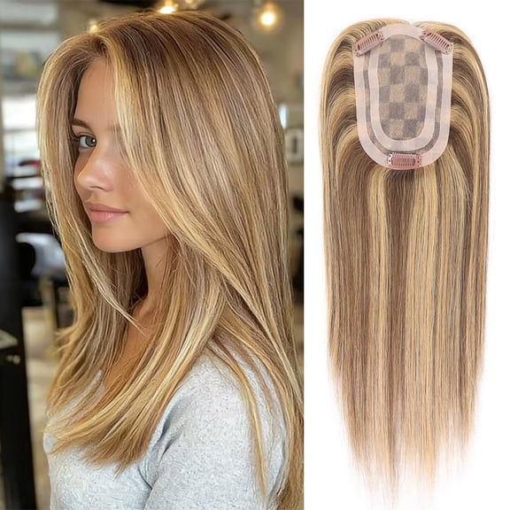 14Inch Highlight Blonde Human Hair Toppers for Women Dark Roots Straight Clip In Hairpiece Swiss Lace Remy Hair Extensions