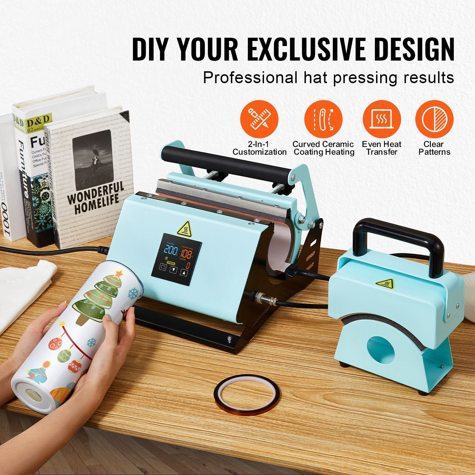 30oz 2 In 1 Tumbler And Hat Heat Press Machine, Aluminum, Stainless Steel, Temperature and Time Control, 2-in-1 Customization, for home garage workshop dryer and utility ventilation use, Green