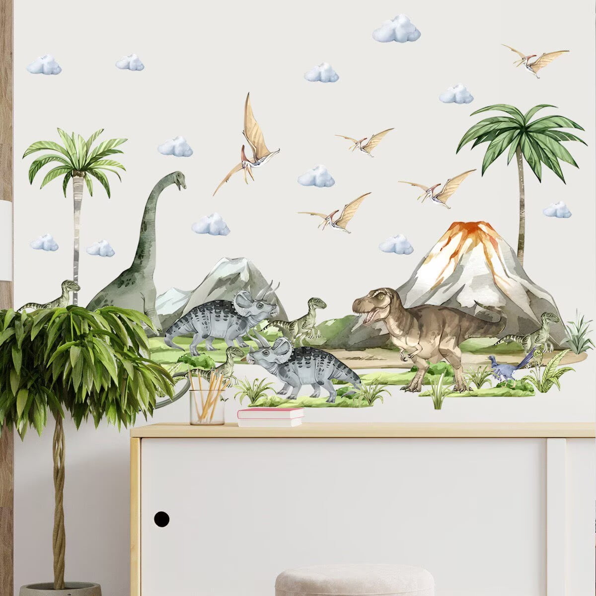 Large Dinosaurs Wall Decals Animal Dino Tropical Palm Tree Wall Stickers Dino Volcano Wall Stickers Boys Bedroom Playroom Baby Nursery Wall Decor