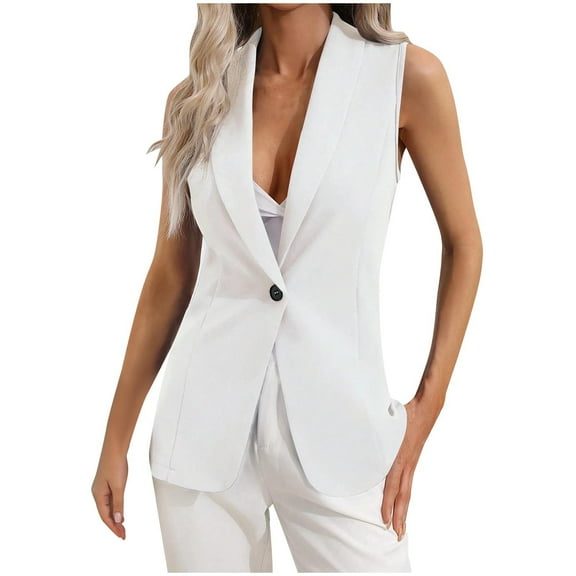 Women Sleeveless Blazer Vest Single Button Lapel Neck Dressy Casual Long Gilet Slim Fit Lightweight Summer Outfits