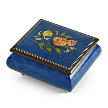 Vibrant Royal Blue Floral Wood Inlay Music Box - Aloha Oe, H.M.O -