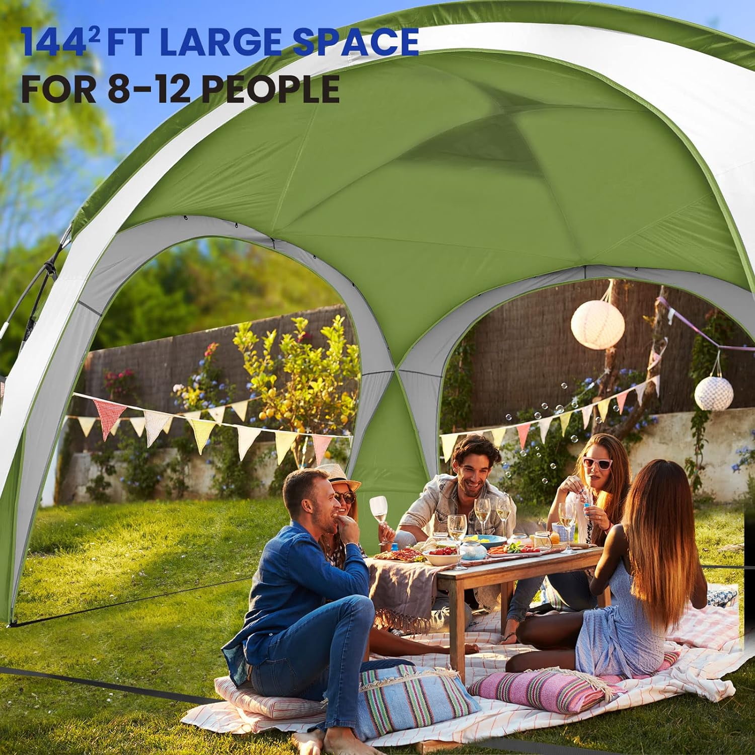 UNP Easy Beach Tent 12 X 12ft Pop Up Canopy UPF50+ Tent with Side Wall, Ground Pegs, and Stability Poles, Sun Shelter Rainproof, Waterproof for Camping Trips, Backyard Fun, Party Or Picnics (Green)