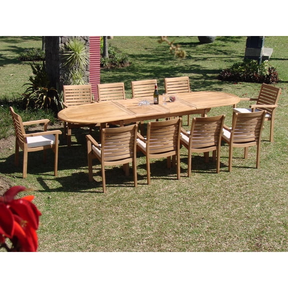 Teak Dining Set:10 Seater 11 Pc - Large 117" Mas Trestle Leg Oval Table and 10 Hari Stacking Arm Chairs Outdoor Patio Grade-A Teak Wood WholesaleTeak #WMDSHRa