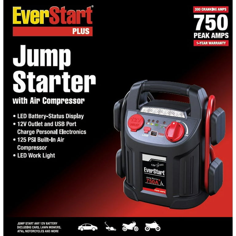 EverStart 750A Jump Starter with Reverse Polarity Alarm, 120 PSI Digital  Compressor, Clamps Included 