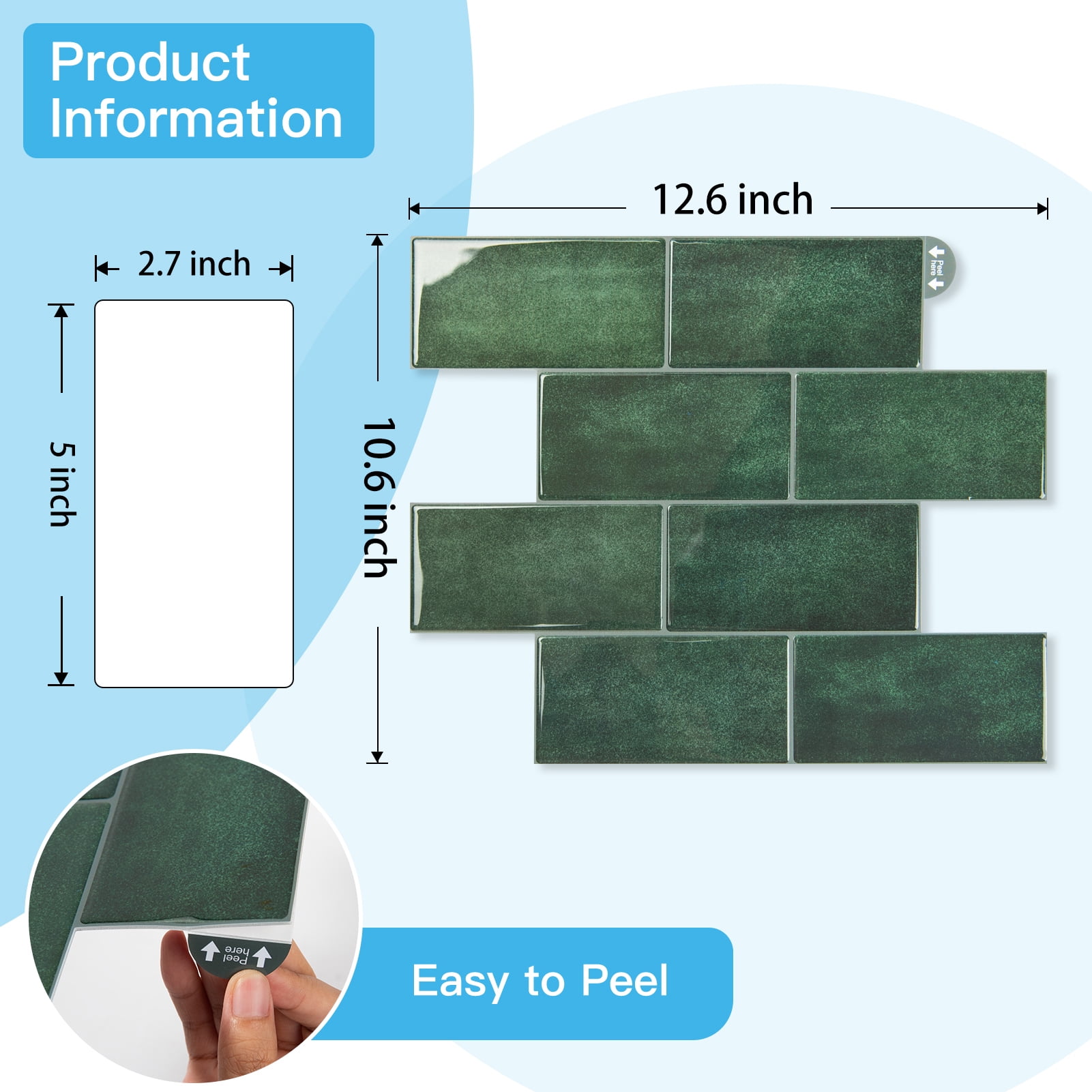 10PCS 10.6''x12.6'' Peel and Stick Backsplash in Green,Heavy-Duty Self-adhesive Subway Tile for Kitchen Bathroom