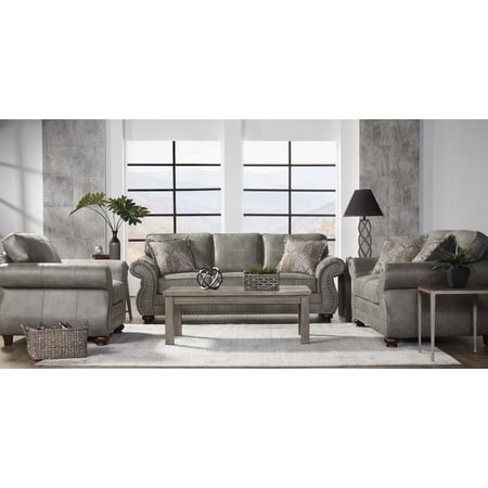Sofa Set with Loveseat and Chair Gray Faux Leather Upholstered Living Room Collection with Nailhead Trim Rolled Arms Hardwood Frame and Wood Bun Feet 5 Seat Transitional Style