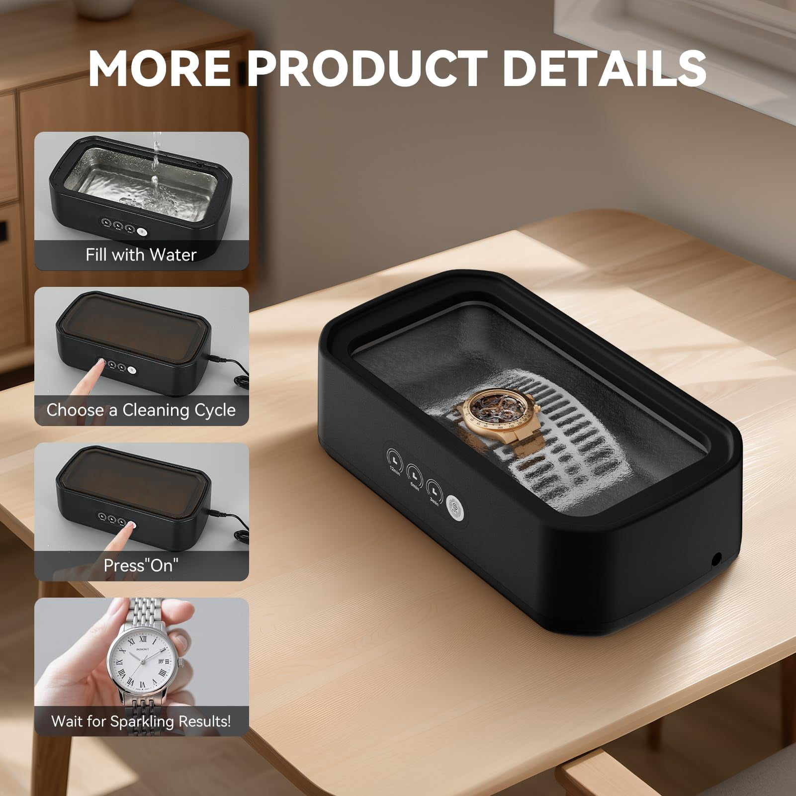 Ultrasonic Jewelry Cleaner, 50KHz Cleaner Machine with 3 Timer Modes, 22oz 304 Stainless Steel Tank, Sonic Machine for All Jewelry Glasses Rings Coin Retainers Watch Strap Dentures, Black