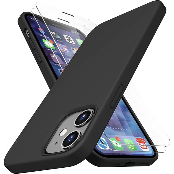 CellEver Heavy-Duty Silicone Case for iPhone 12/12 Pro - Two Shatterproof Glass Screen Protectors, Military Drop Protection, Scratch-Free Interior, Black