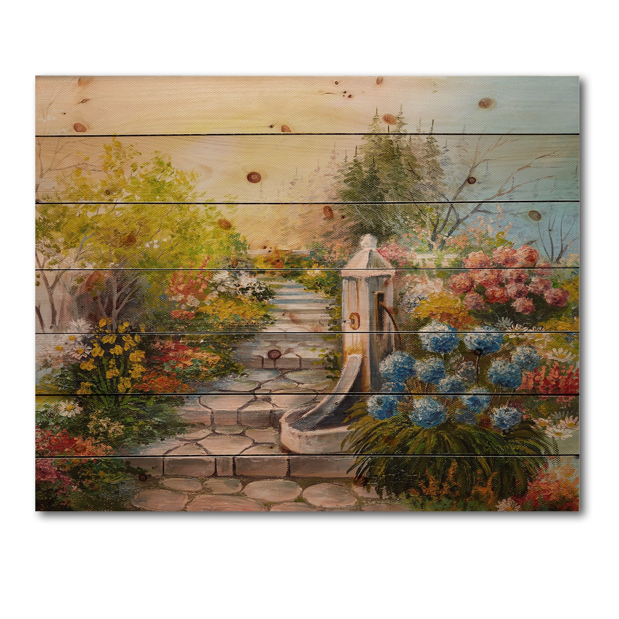 Designart 'Stone Stairs In The Blossoming Flowers Forest' Traditional Print on Natural Pine Wood