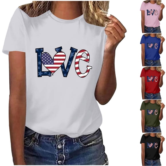 CFLVAEK Plus Size 4th of July T Shirts for Women Funny Love American Flag Graphic Tees Summer Casual Short Sleeve Crewneck Tshirts Patriotic Holiday Clothes XL