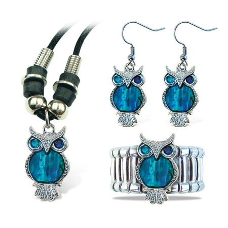 - Puzzled Aqua Owl Wild Style Necklace, Ring and Earrings