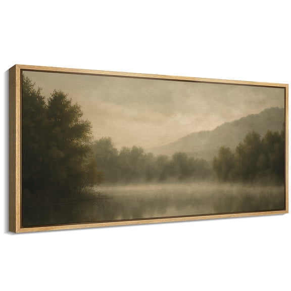 Large Framed Canvas Wall Art Vintage Forest Lake Mountain Landscape Print for Living Room Decoration - 60"x30" Natural Framed