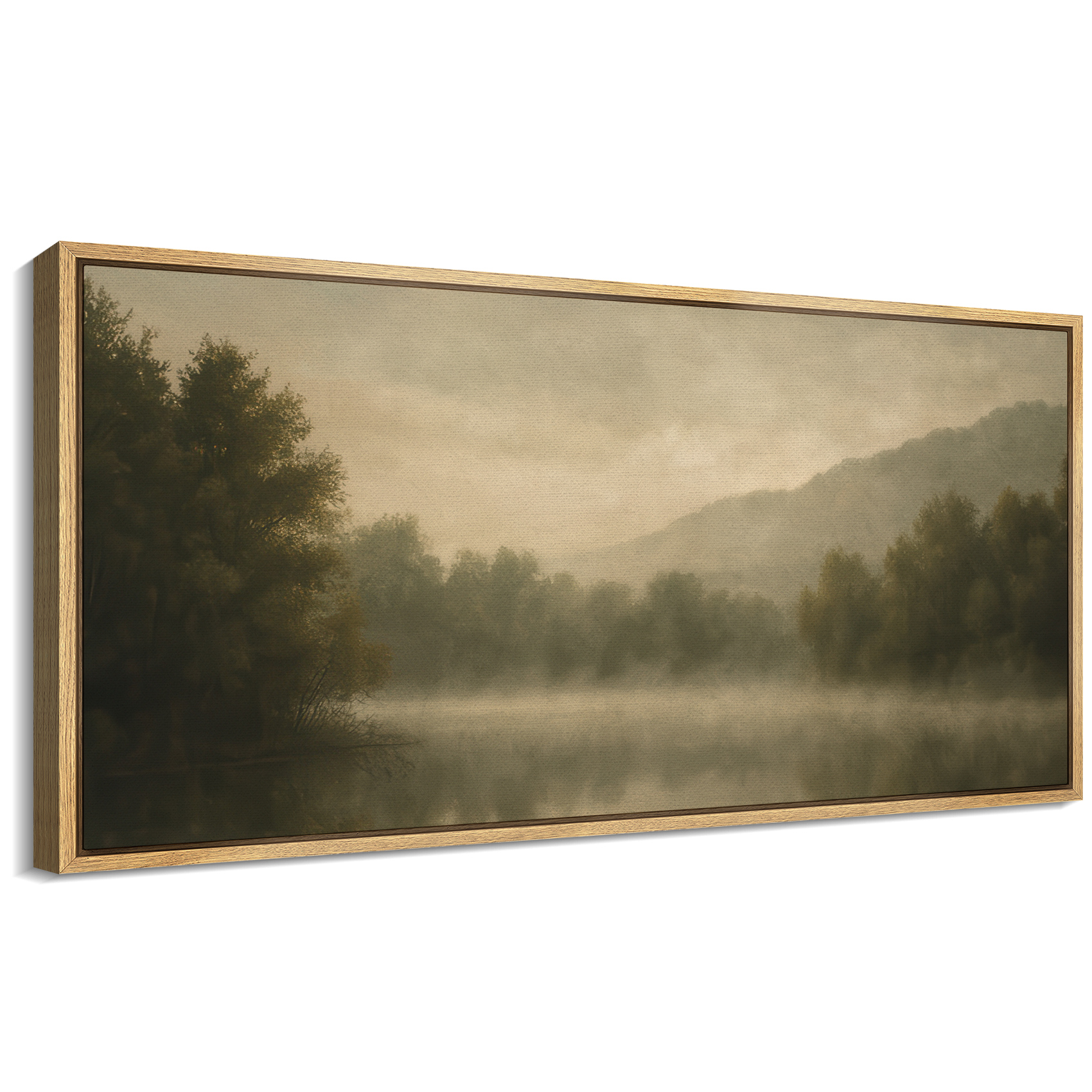 Large Framed Canvas Wall Art Vintage Forest Lake Mountain Landscape Print for Living Room Decoration - 60"x30" Natural Framed