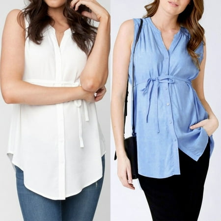 

QHlight Solid Color Maternity Blouse Sleeveless V Neck Irregular Nursing Shirt with Belt