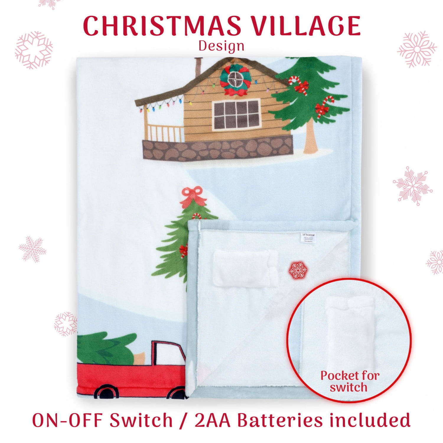 Lit Holiday LED Throw, Christmas Village Blanket with Soft Fabric, 3 Lighting Modes, 50” x 60”