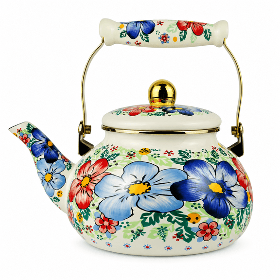 Lnshop Vintage Floral Enamel Tea Kettle, 2.5L Stovetop Hot Water Kettle with Gold Handle, Cream Botanical Teapot for Tea, Coffee, Kitchen Decor