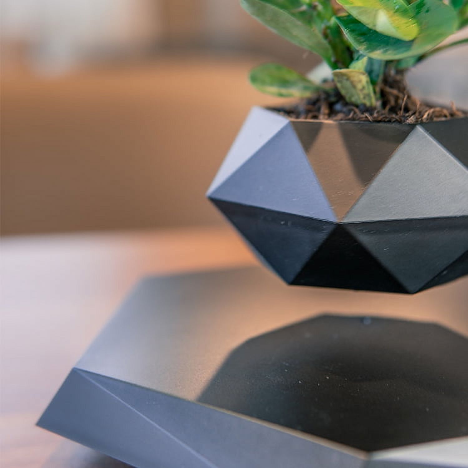 Loyalheartdy Floating Flower Pot Black ABS Hexagonal Magnetic Levitating 200g Micro Plants Pot 12V 5-10W