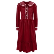 Aislor Pioneer Girls Colonial Prairie Costume 1800s Victorian Long Sleeve Ruffle Dress Burgundy 16