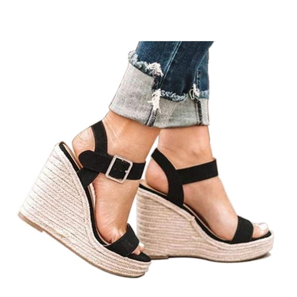 VICKIVICKI Sandalias de plataforma para mujer con cuña y correa al tobillo, sandalias con punta abierta, color negro, talla 5