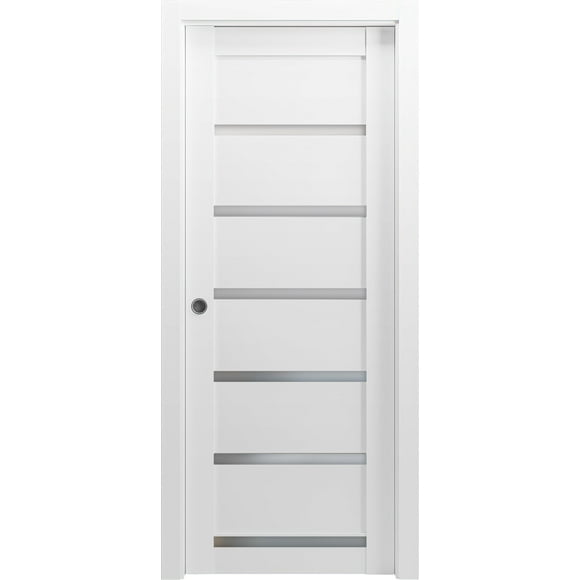 Panel Lite Pocket Door 24 x 80 with Frames | Quadro 4117 White Silk with Frosted Opaque Glass | Kit Trims Rail Hardware | Solid Wood Interior Pantry Kitchen Bedroom Sliding Closet Sturdy Doors