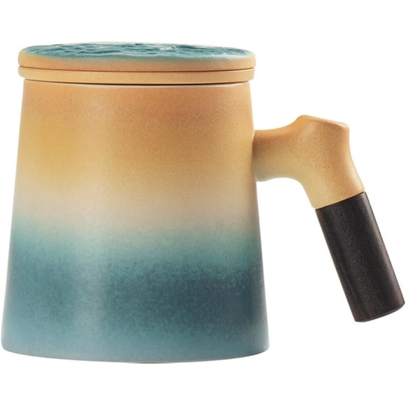 Blue and White Tea Cups with Wooden Handle Ceramic Tea Mug with Infuser and Lid Mug for Infusing Loose Leaf Tea
